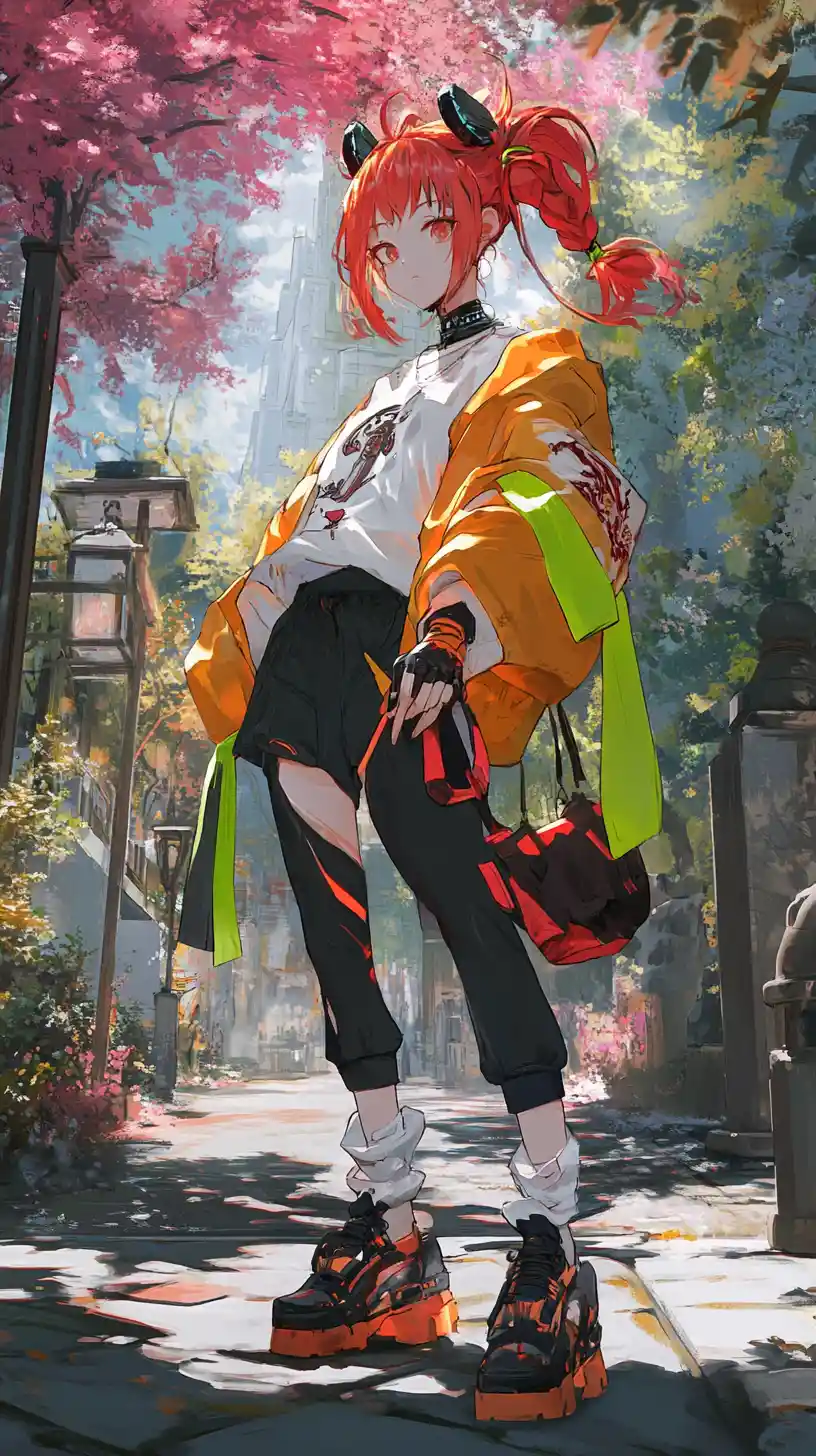 Anime girl with red hair in detailed futuristic outfit