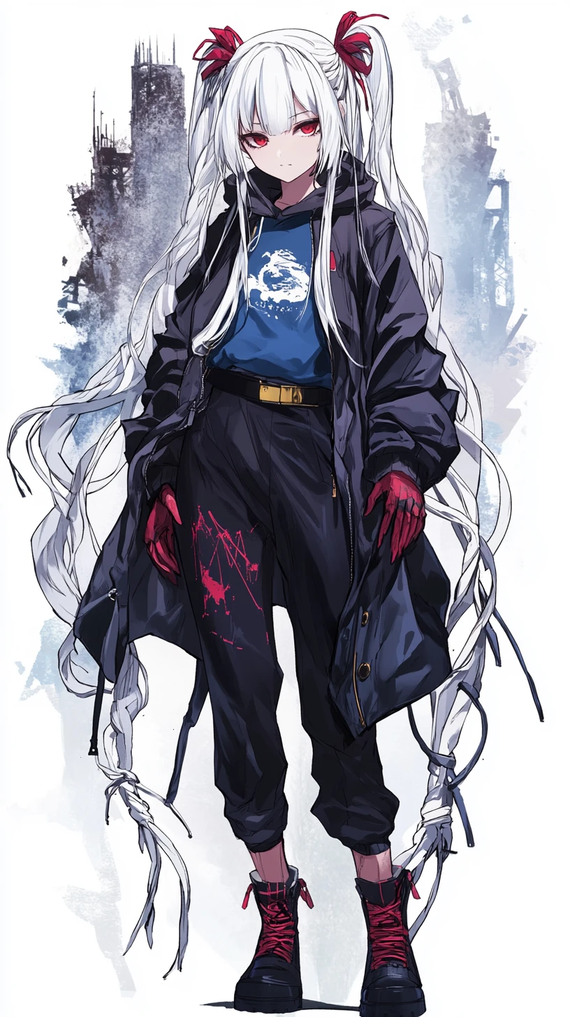 White haired anime girl in black coat and military boots