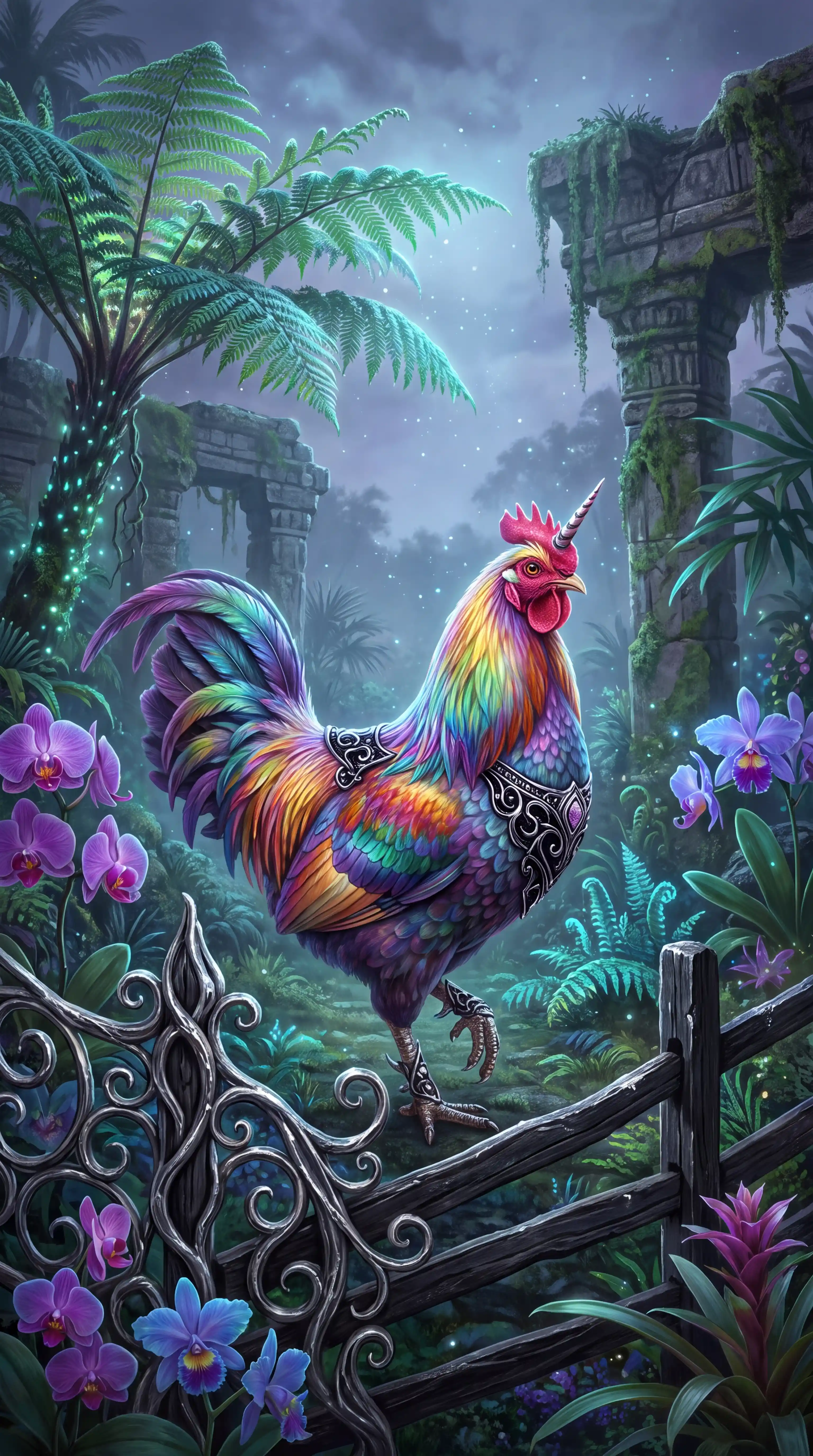 Quimera colorida de unicornio y gallina en una jungla tropical mística