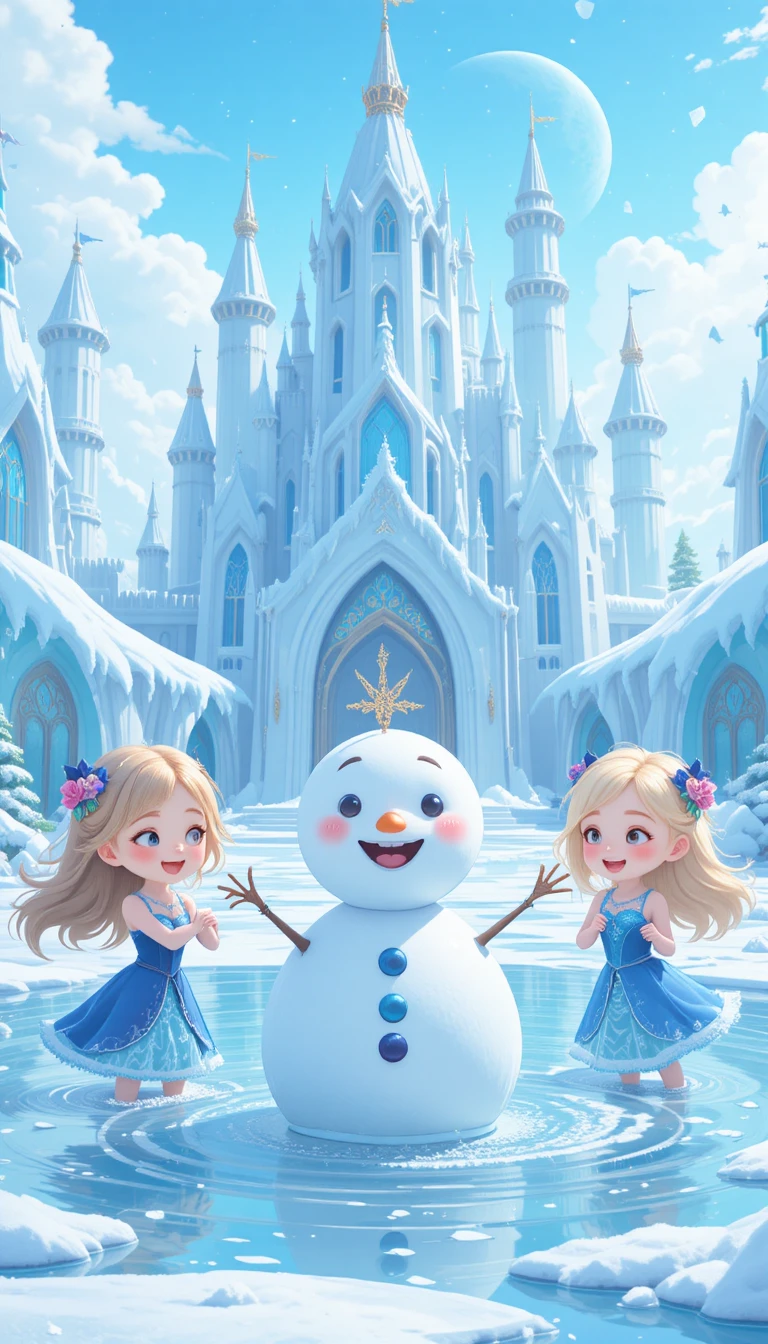 Boneco de neve em estilo anime fofo brincando feliz em uma piscina de gelo