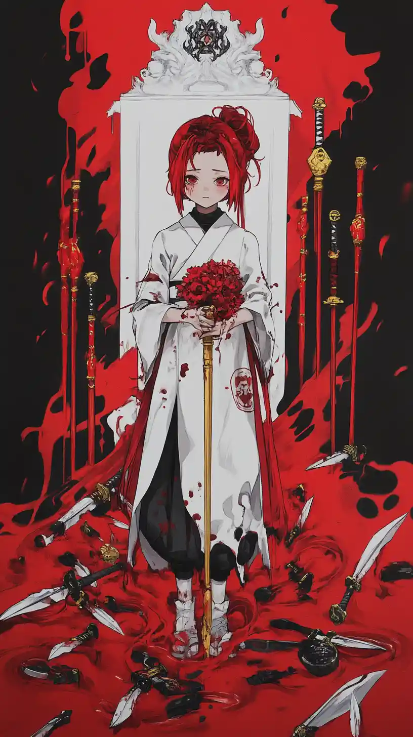 Anime-Mädchen mit roten Haaren in prunkvollem Koi-Fisch-Outfit