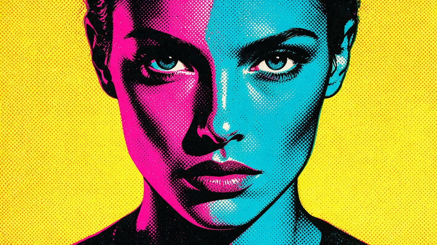 Retrato pop art en primer plano de una mujer con colores divididos