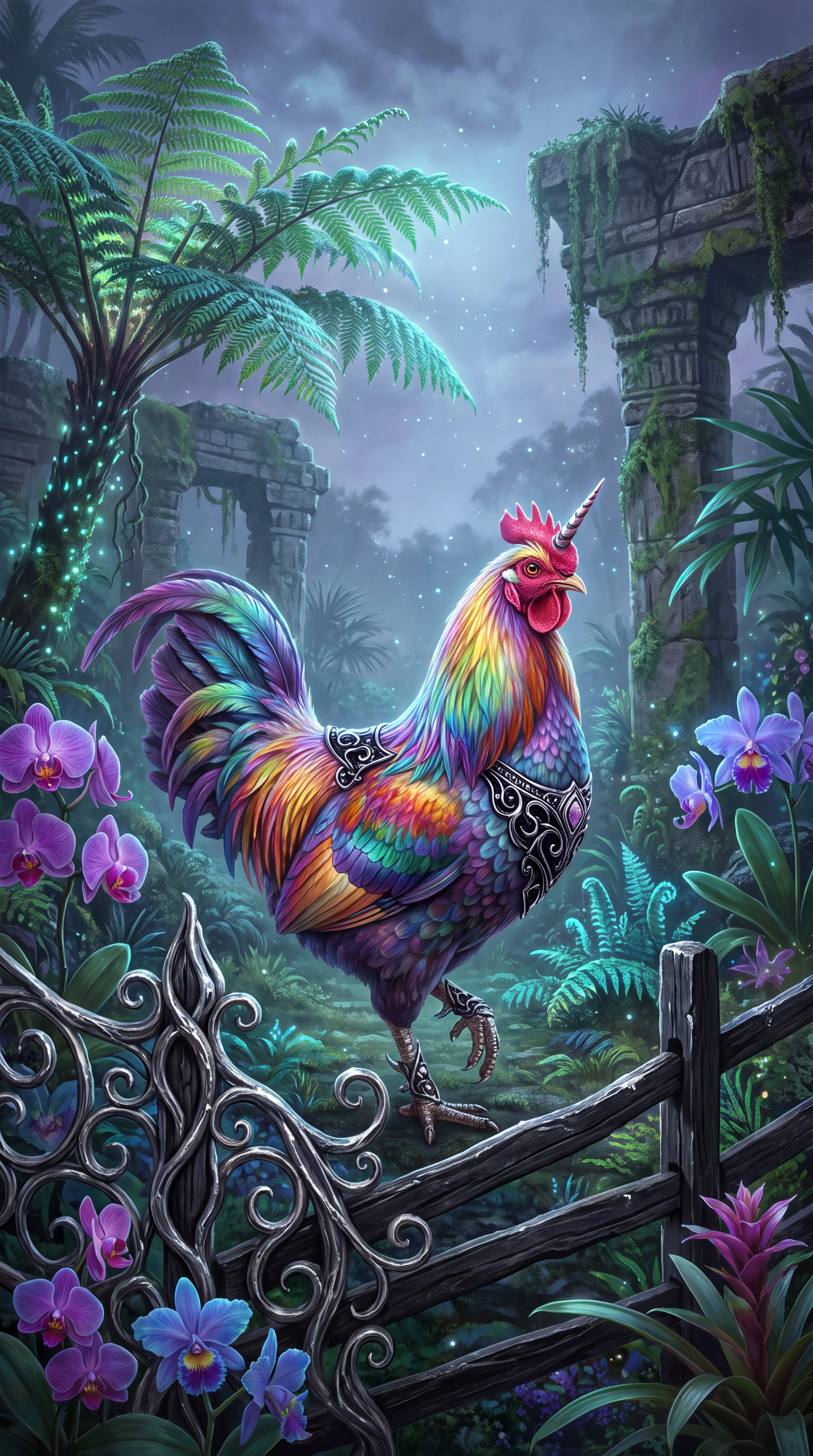 Bunte Einhorn-Huhn-Chimäre im mystischen tropischen Dschungel