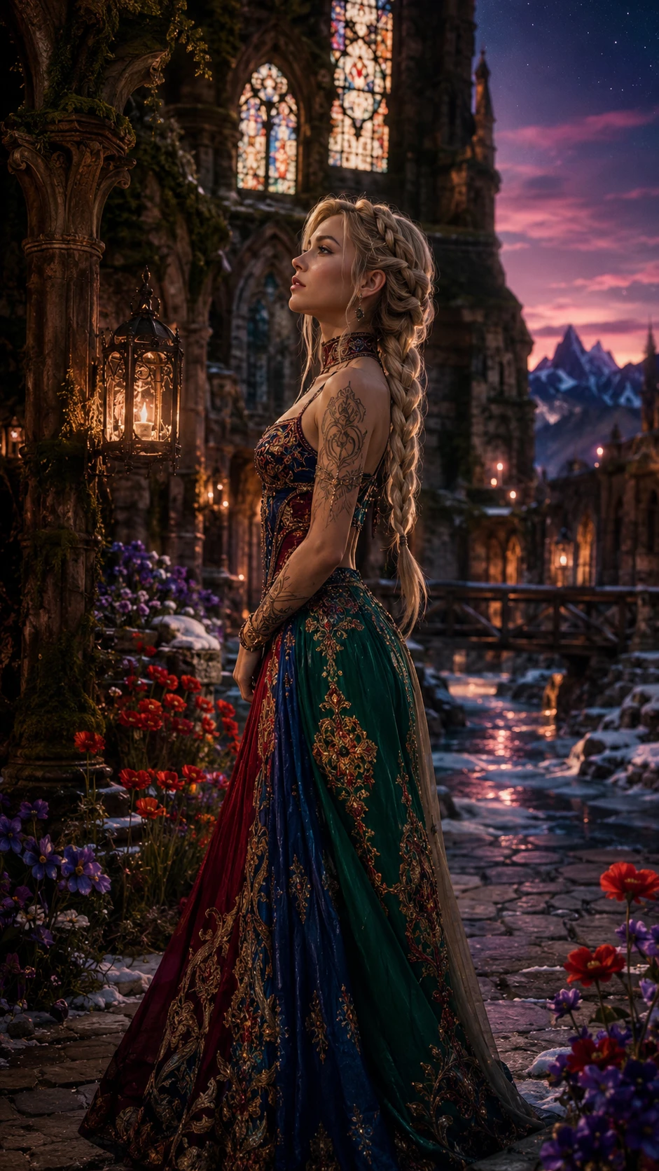Elegante mujer de fantasía en el patio de una abadía gótica