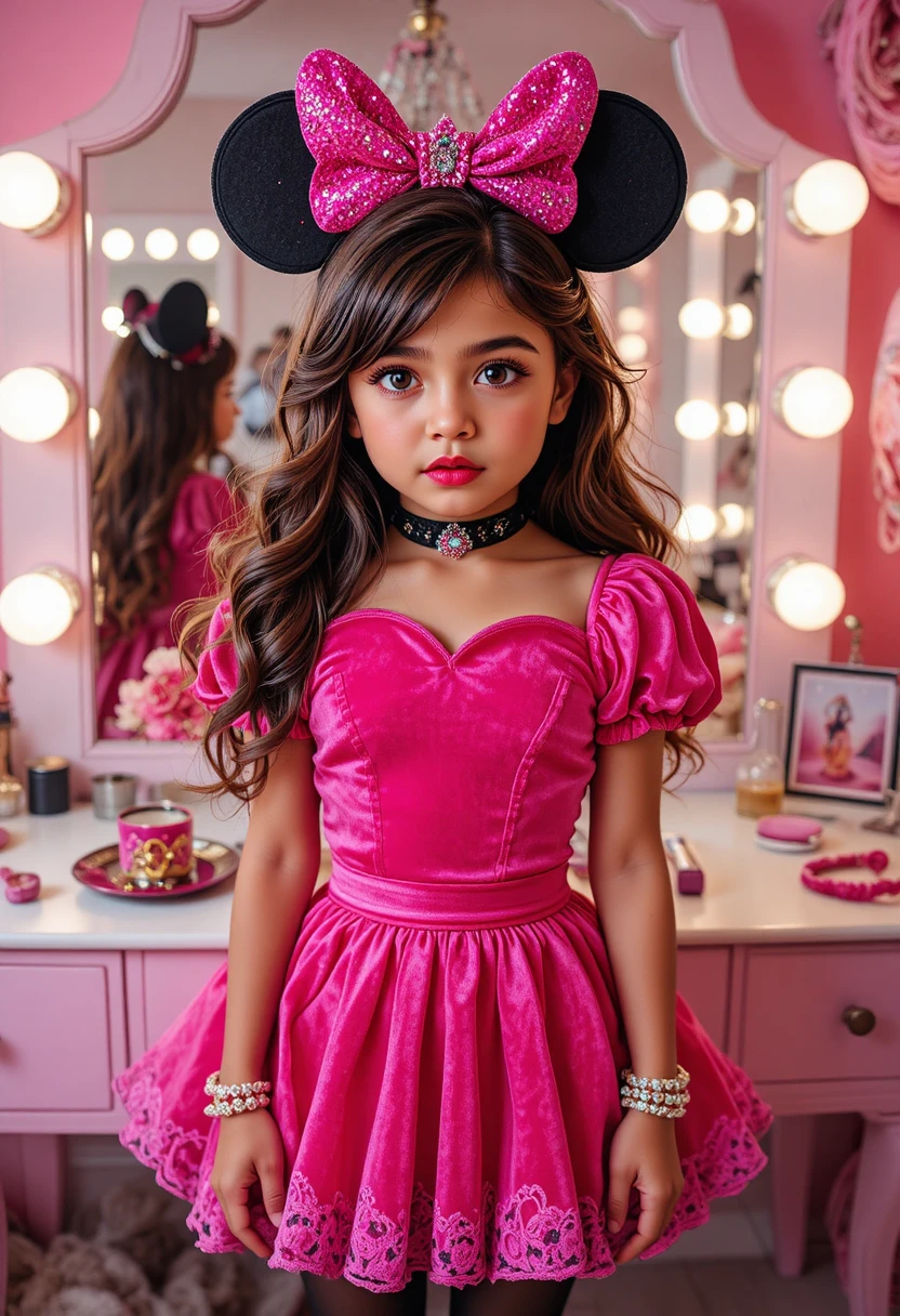 Chico hispano preadolescente con disfraz de Minnie en tocador rosa