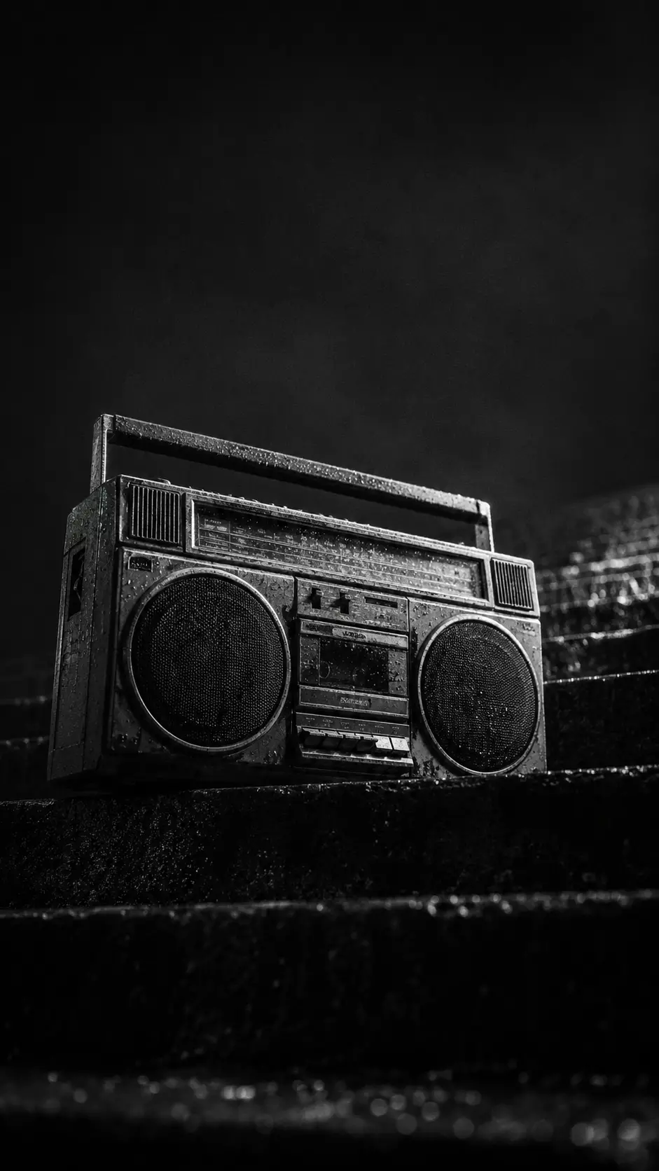 單色調濕潤水泥階梯上的復古音響