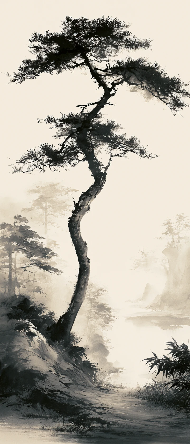 Pintura china a tinta de silencioso equilibrio y armonía