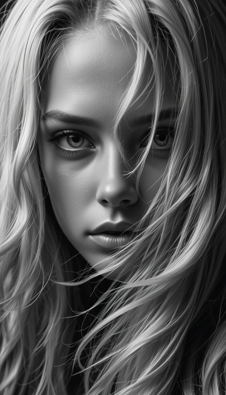 Retrato en blanco y negro en primer plano con rostro oculto y aire dramático