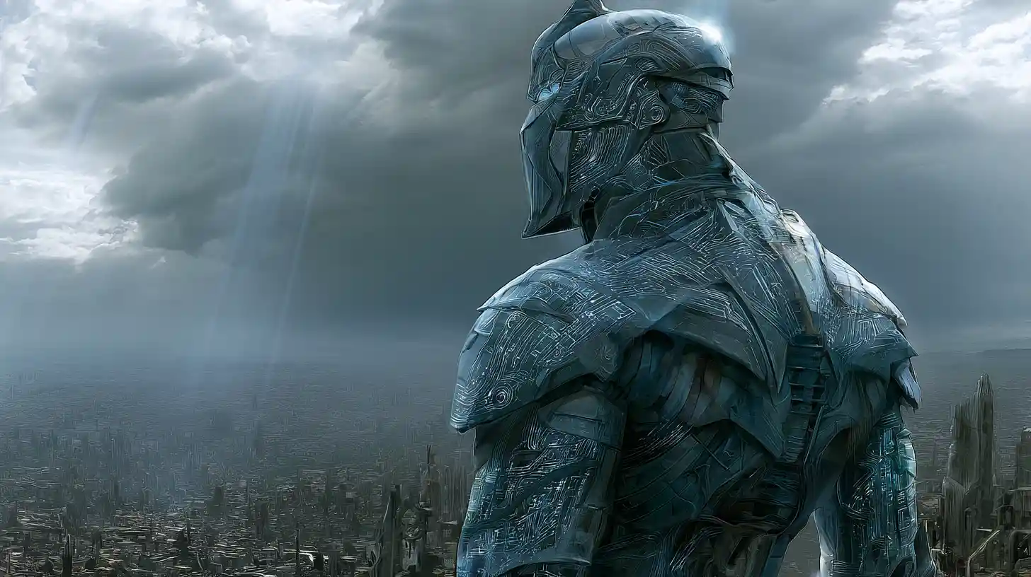 Cybernetic knight in ruined post apocalyptic cityscape