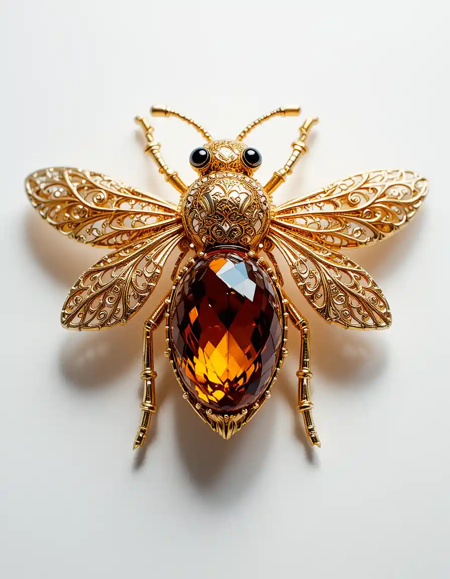 Goldene Bienenbrosche als Makroaufnahme vor sauberem weißem Hintergrund