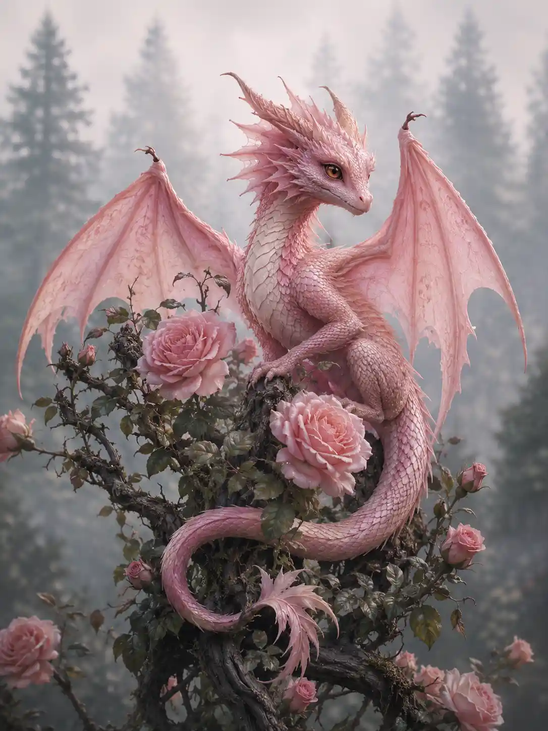 Dragón Rosa Pastel Descansando en un Rosal Cubierto de Vegetación