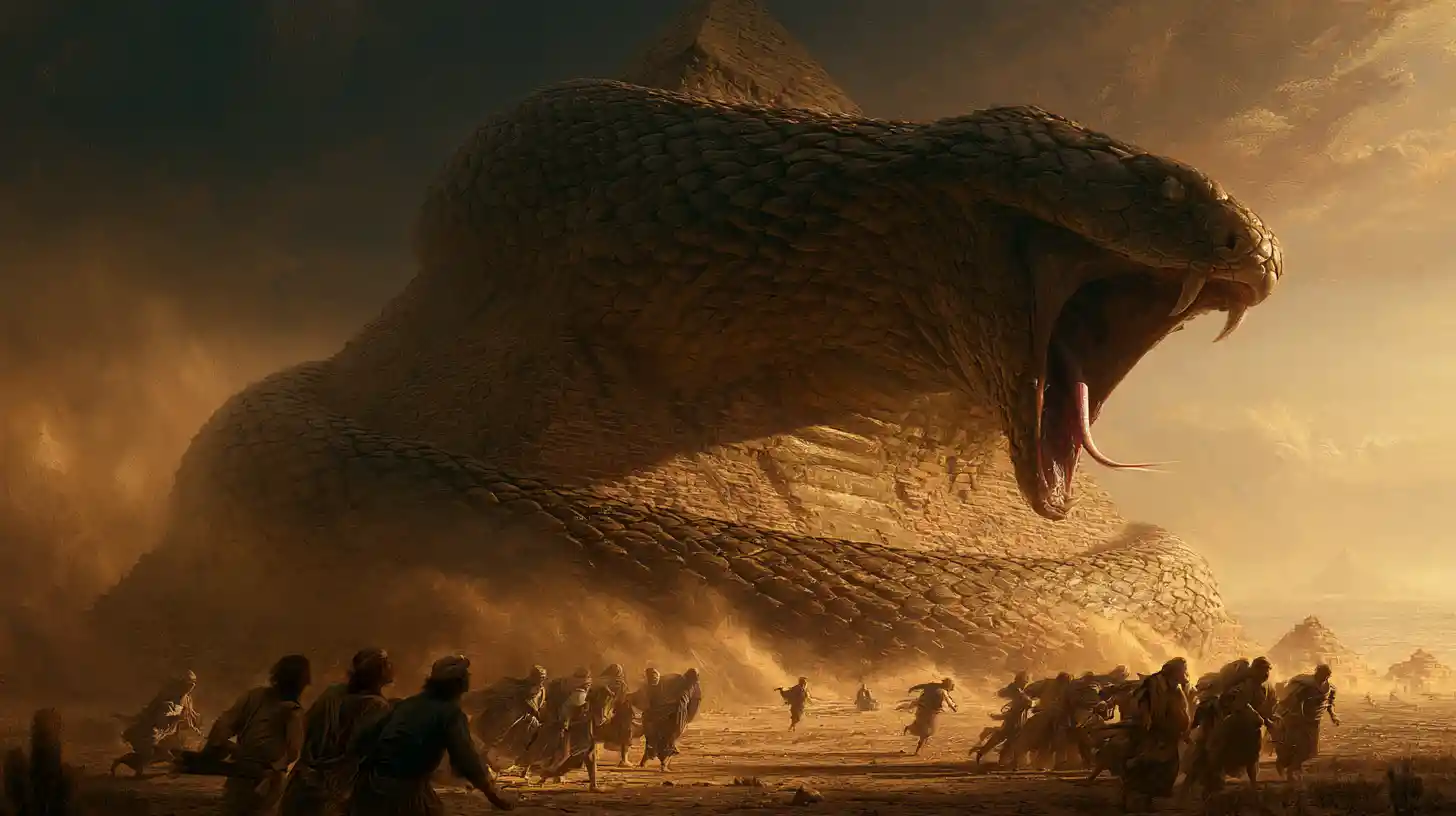 Giant cobra coiled around pyramid in dramatic desert scene