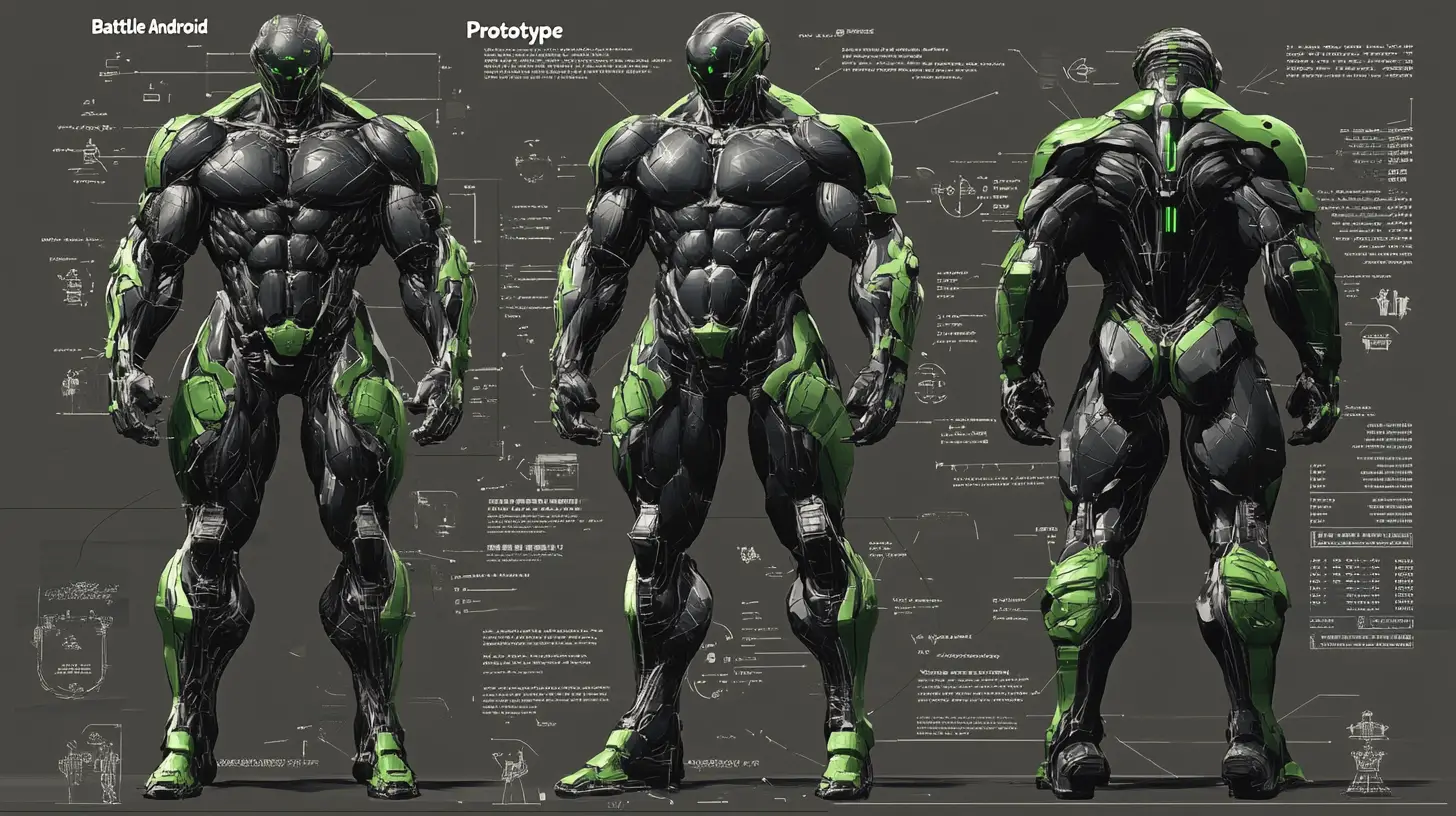 Technical 3D diagram of a muscular battle cyborg prototype