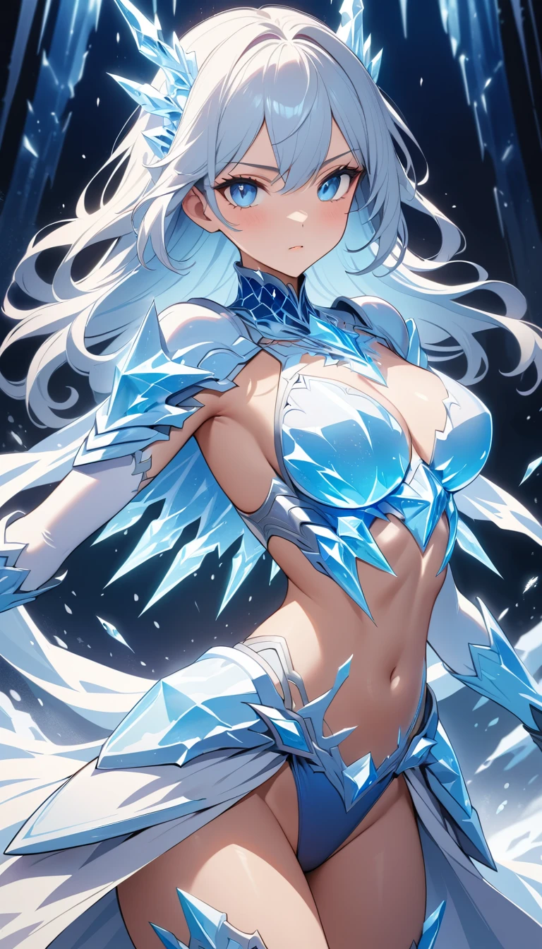 Ice armored anime knight woman in dynamic battle pose