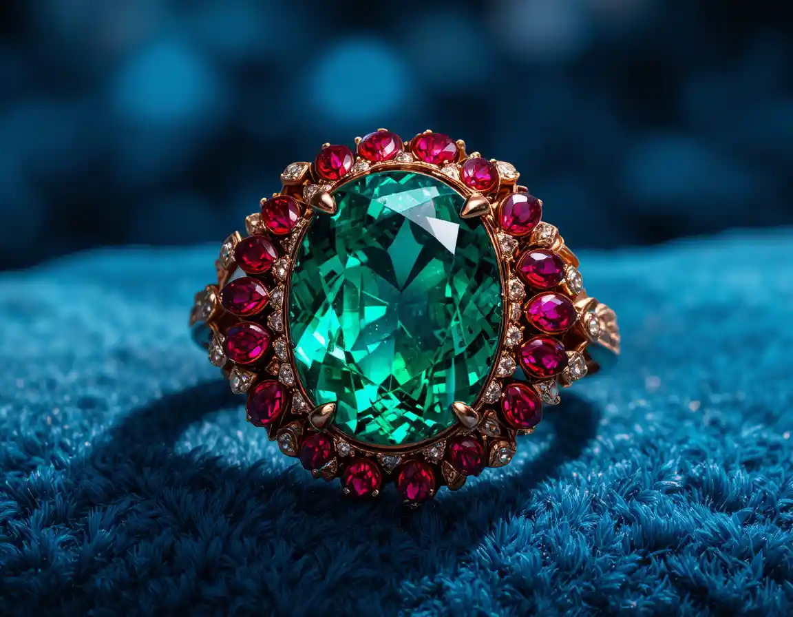 Primer plano de anillo de oro rosa con esmeralda y rubí sobre terciopelo azul