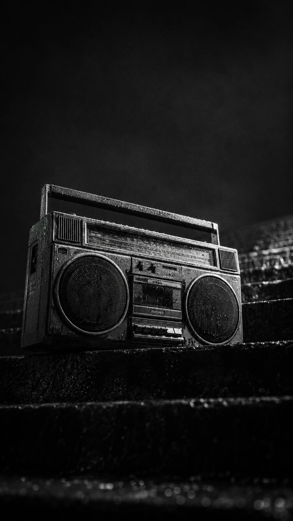 Radiocasete vintage en escalones de hormigón mojados en monocromo