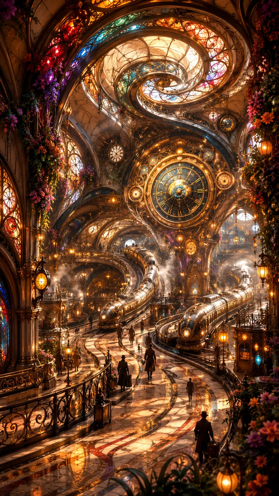 Estación de tren fantástica y cinematográfica de curvas fluidas y luz