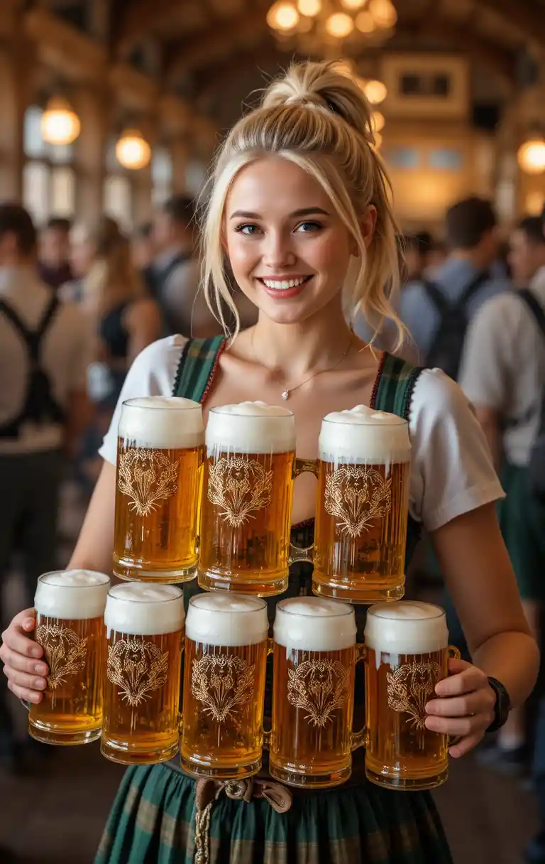 Smiling woman carrying stacked beer steins in a fest hall
