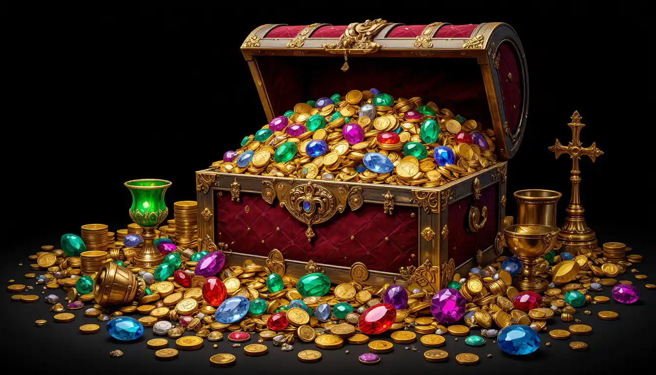 Ornate treasure chest overflowing with gold and jewels