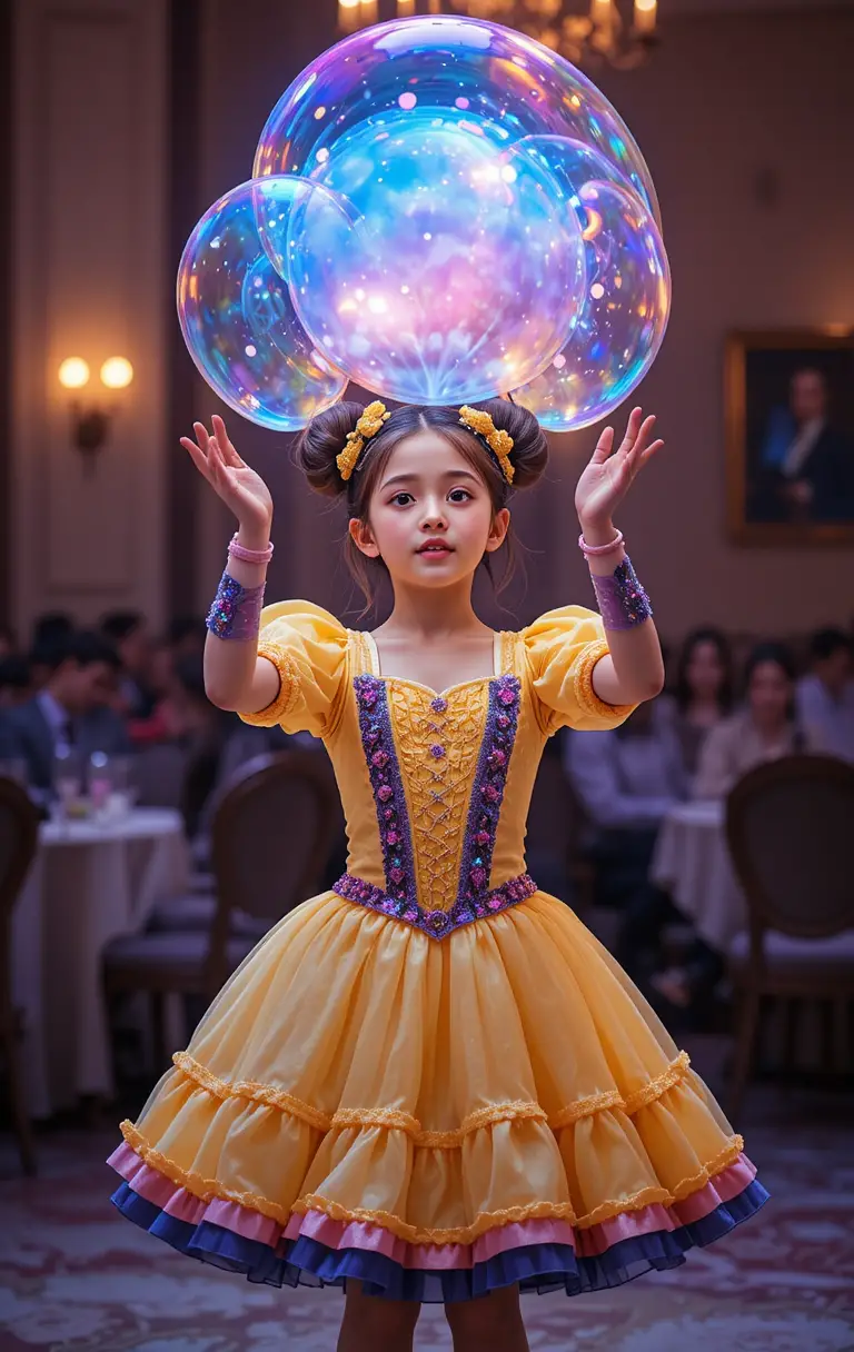 Young girl in yellow costume creating glowing soap bubbles