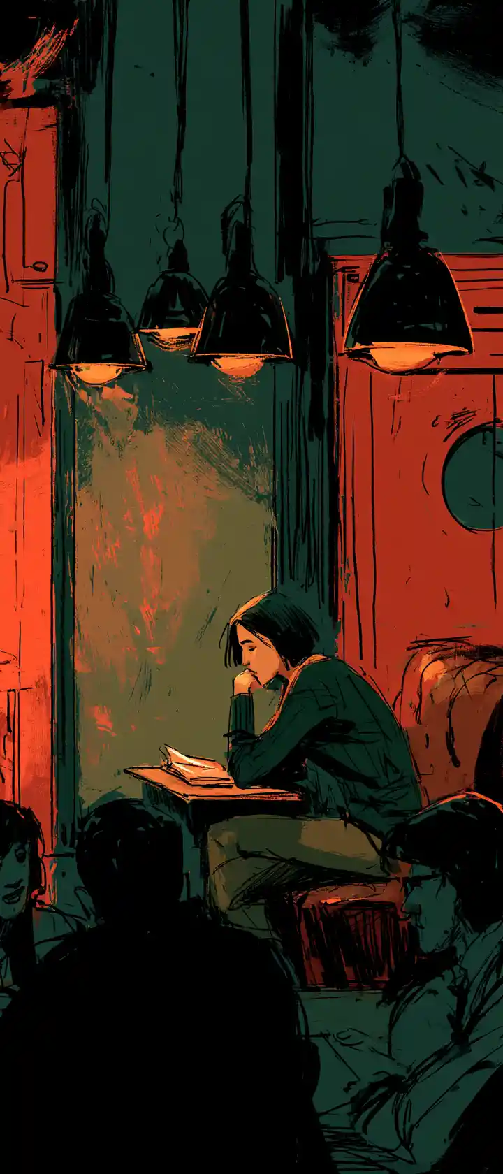 Moody cafe reader under warm pendant lights at night