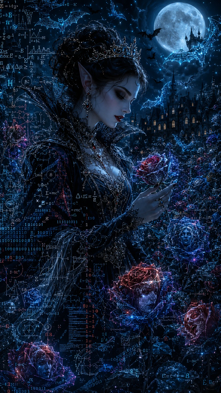 Reina vampira en un jardín iluminado por la luna de flores imposibles