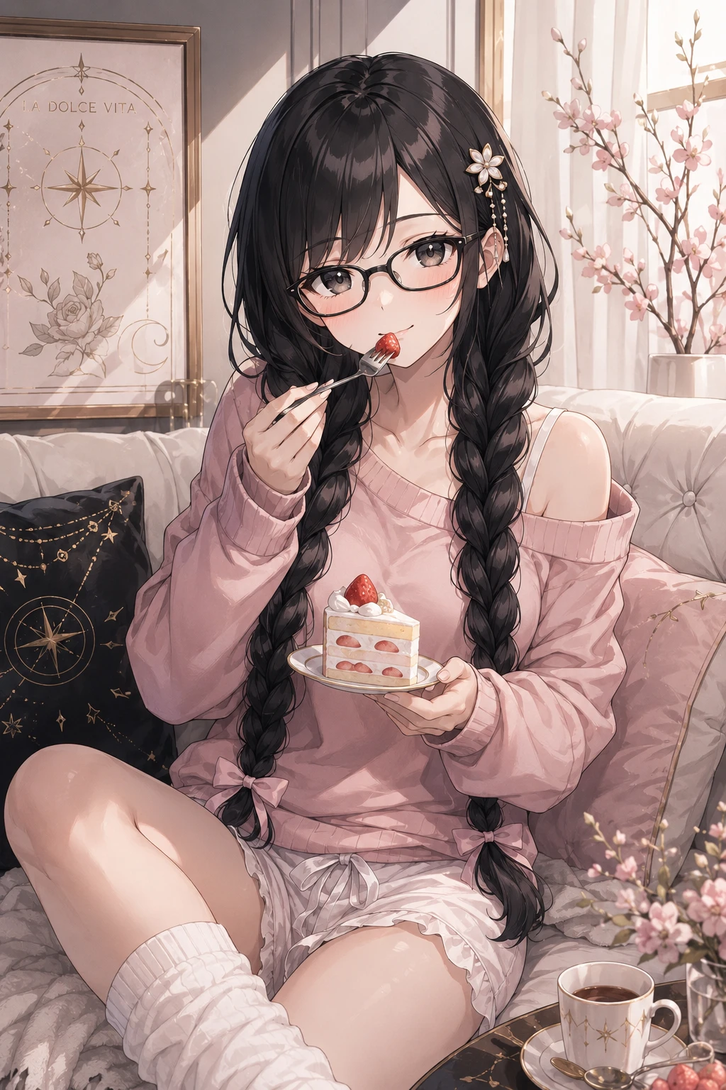 Chica de anime relajándose en interiores con pastel de fresa