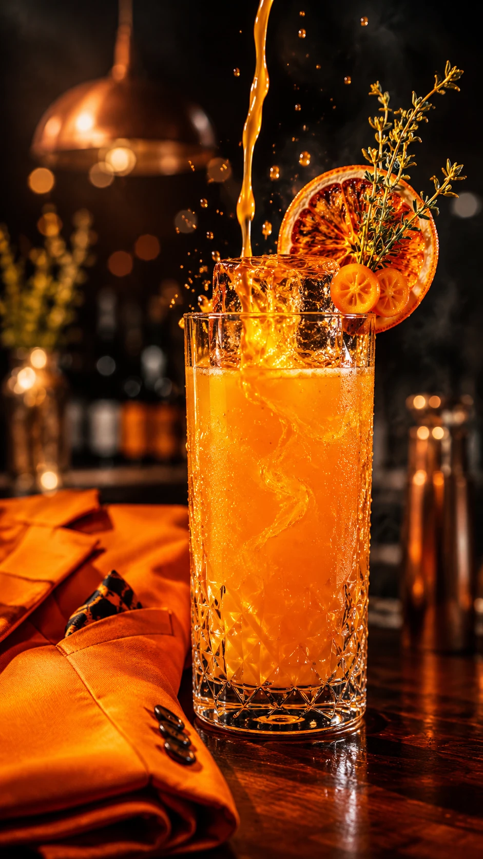 Cóctel de naranja a contraluz en vaso de cristal sobre barra oscura