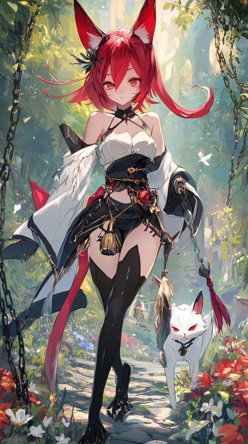 Ragazza anime con cappotto koi che cammina in un prato fiorito