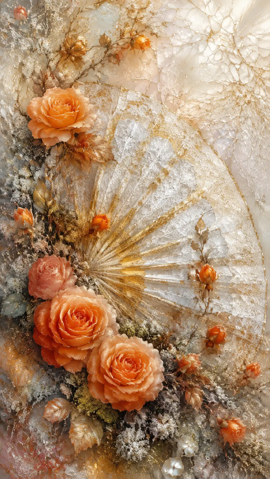 Autumn flowers with golden lace fan and glowing accents
