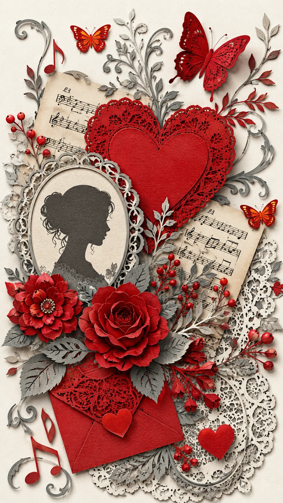 Romántico corazón rojo con ilustración floral y musical