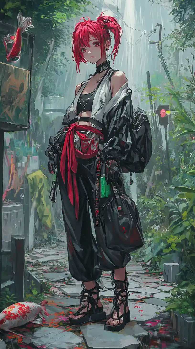 Anime girl with red hair in koi themed streetwear outfit