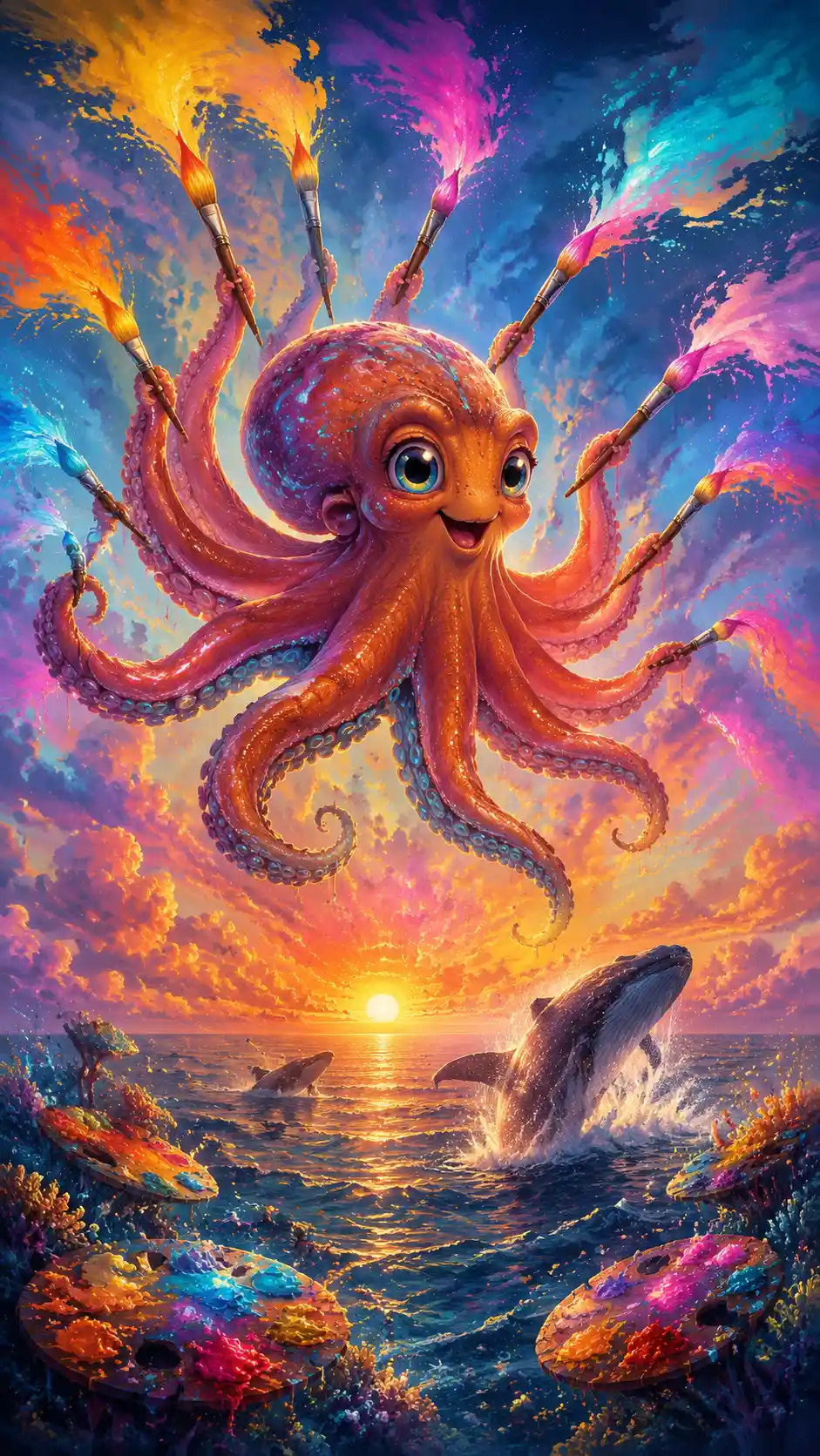 Pulpo alegre pintando un amanecer radiante sobre el mar