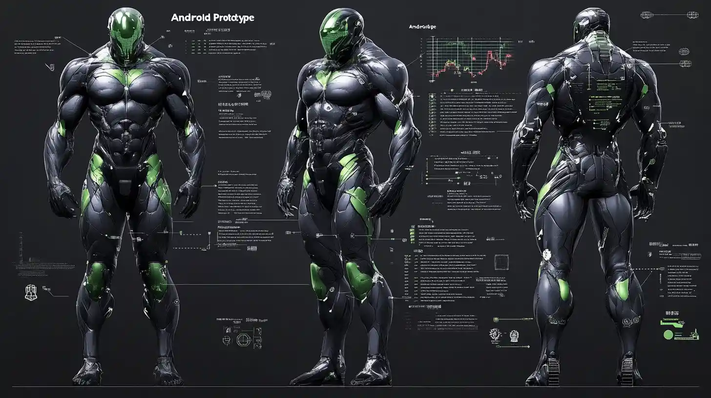 Full body 3D diagram of a massive battle cyborg prototype
