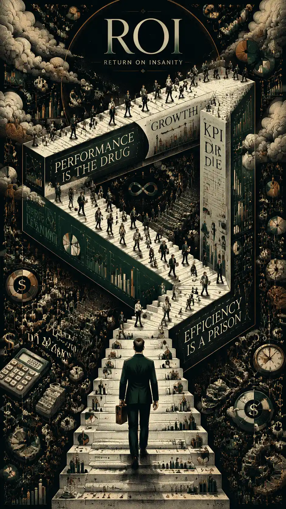 Ejecutivo subiendo una escalera surrealista de infinitos gráficos KPI