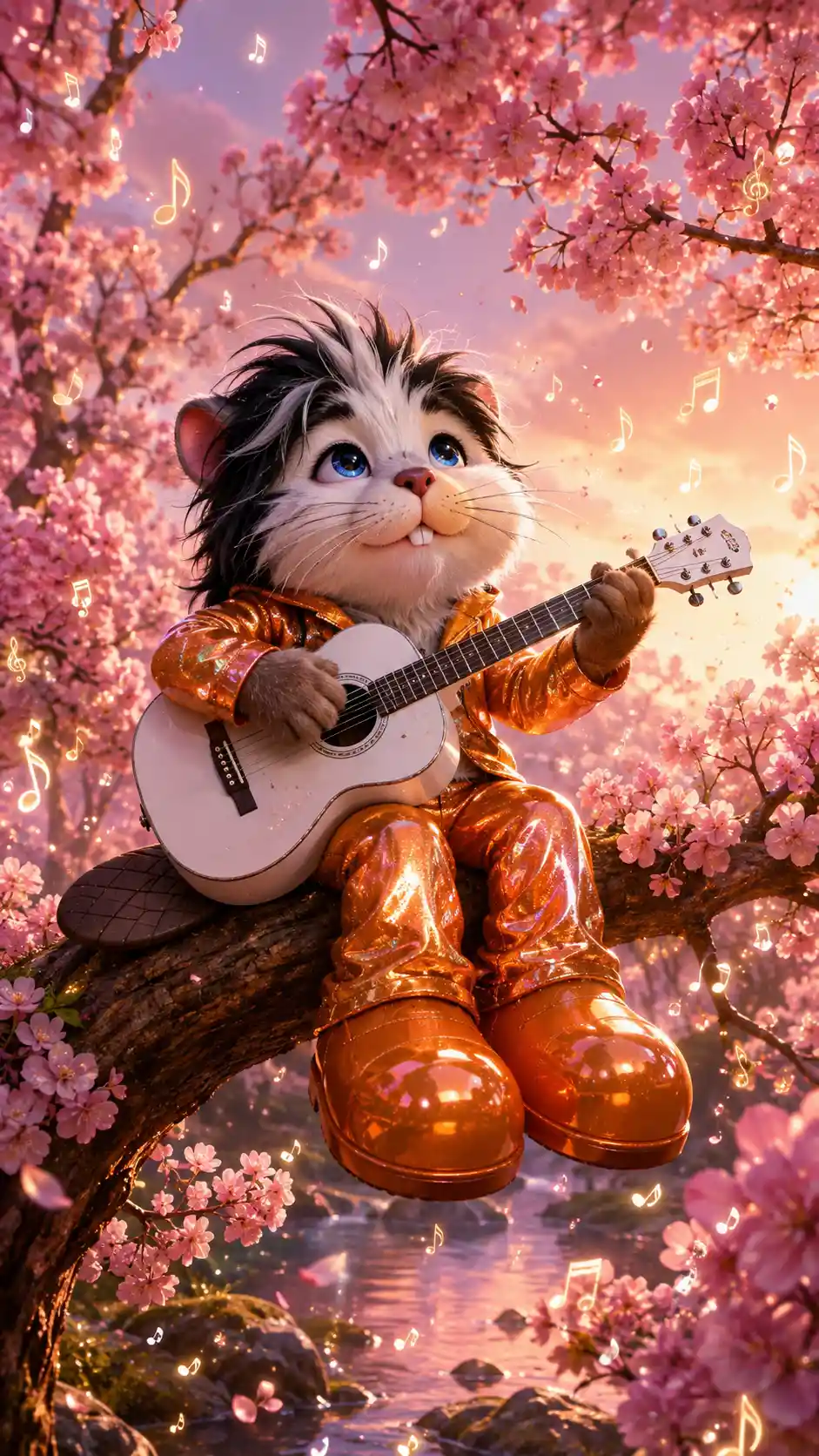 Fantasy creature playing guitar in pink blossom tree