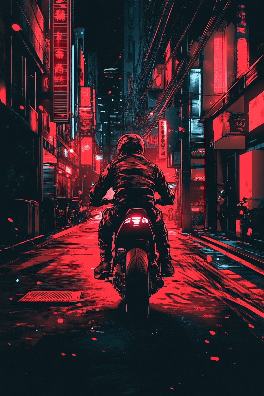 Ilustración dinámica de motocicleta roja y negra en estilo urbano