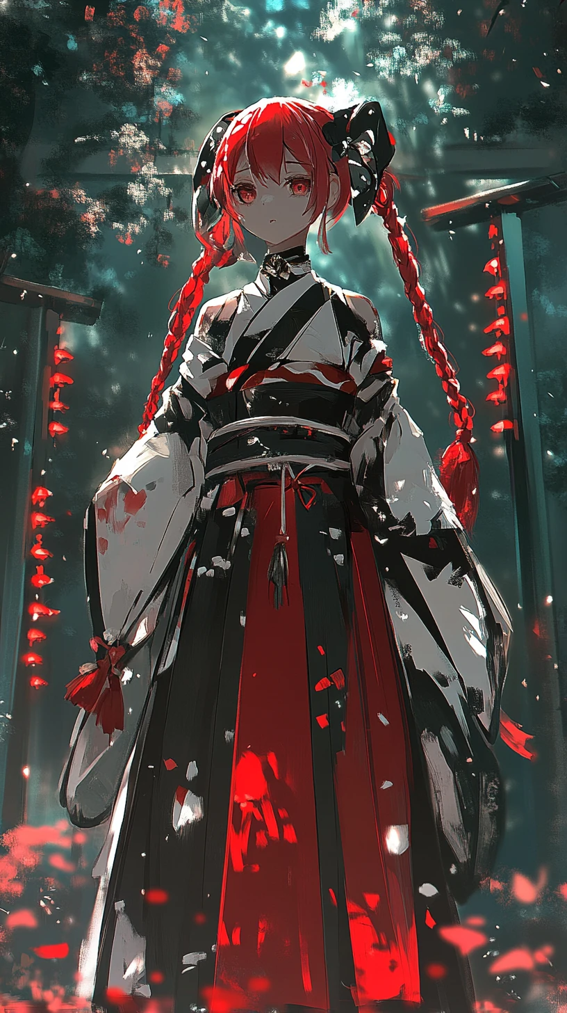 Chica de anime con traje ornamentado en templo nocturno
