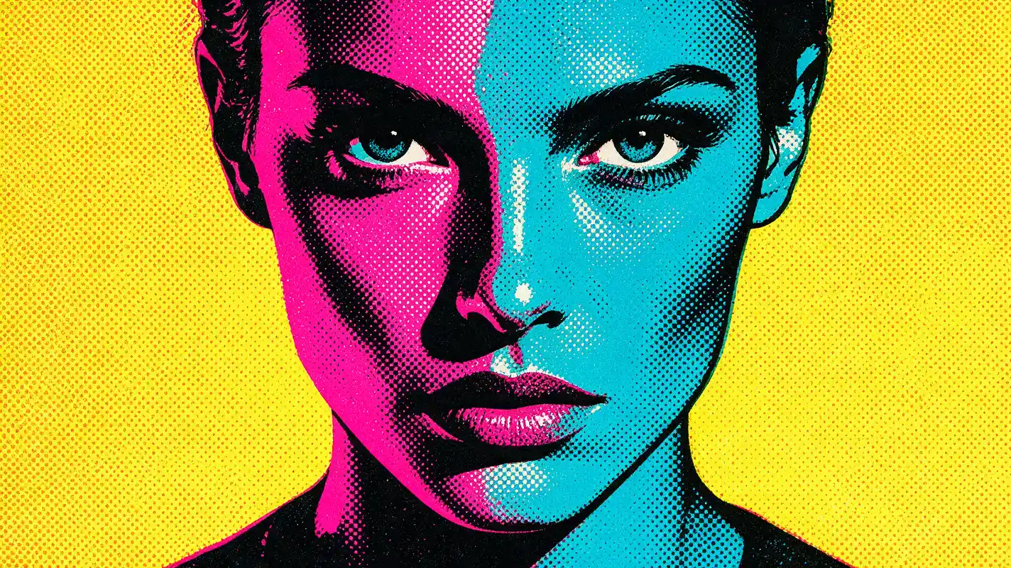 Retrato pop art en primer plano de una mujer con colores divididos