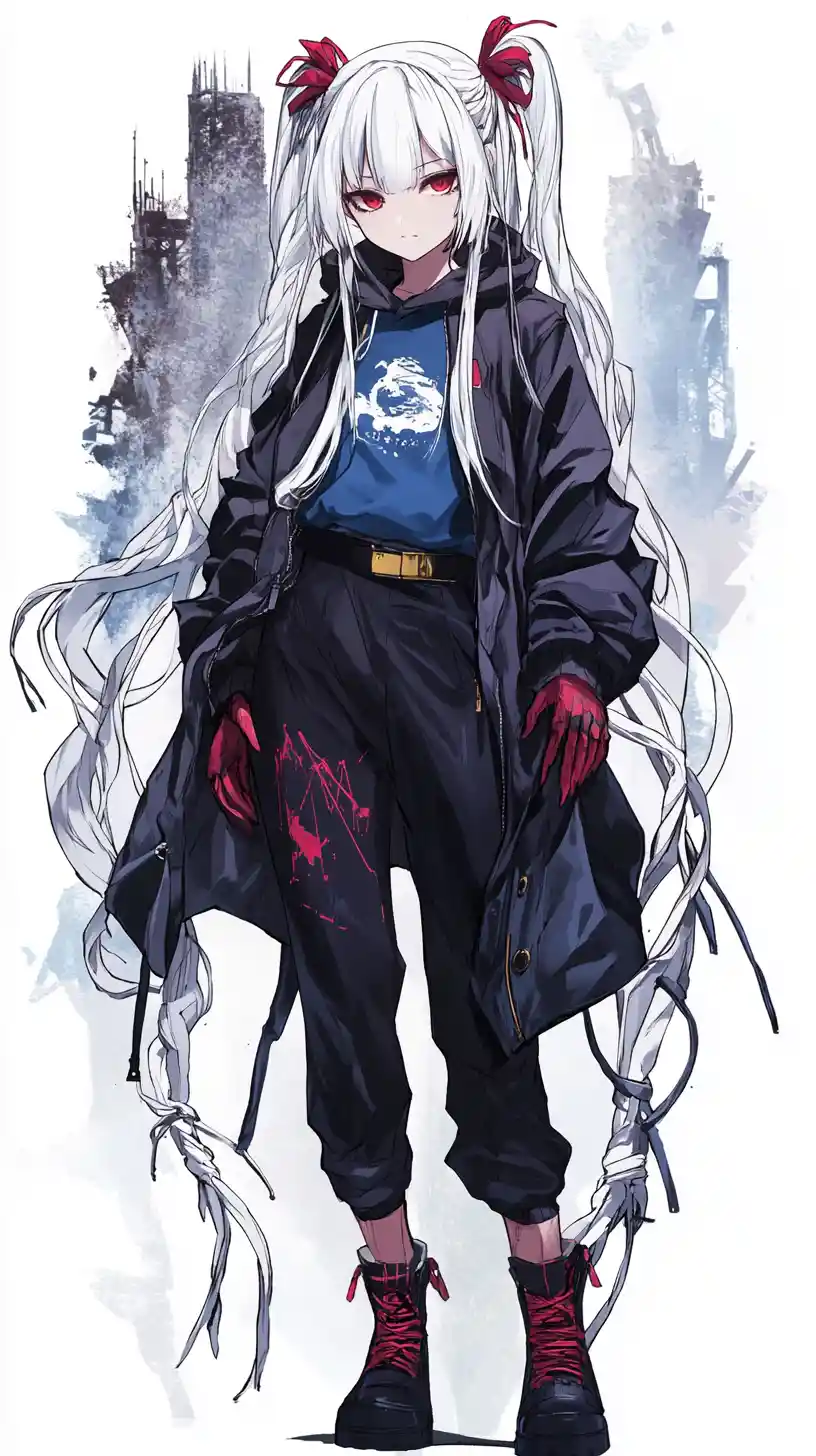 White haired anime girl in black coat and military boots