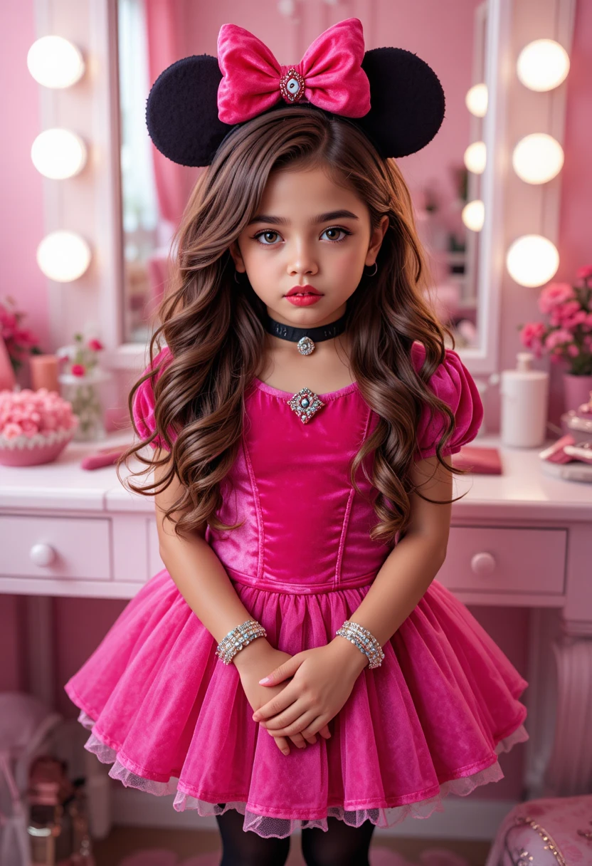 Niño preadolescente nervioso con disfraz de princesa junto a un tocador