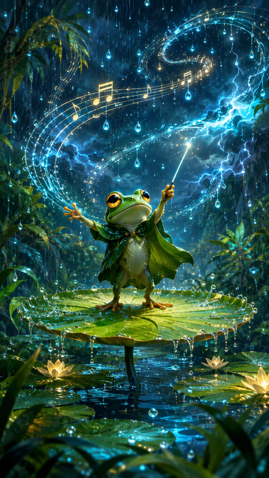 かわいいエメラルドツリーフロッグが魔法の雨嵐を指揮する