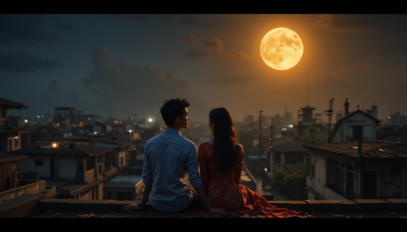Pareja romántica en una azotea de Bangladés bajo la luna llena