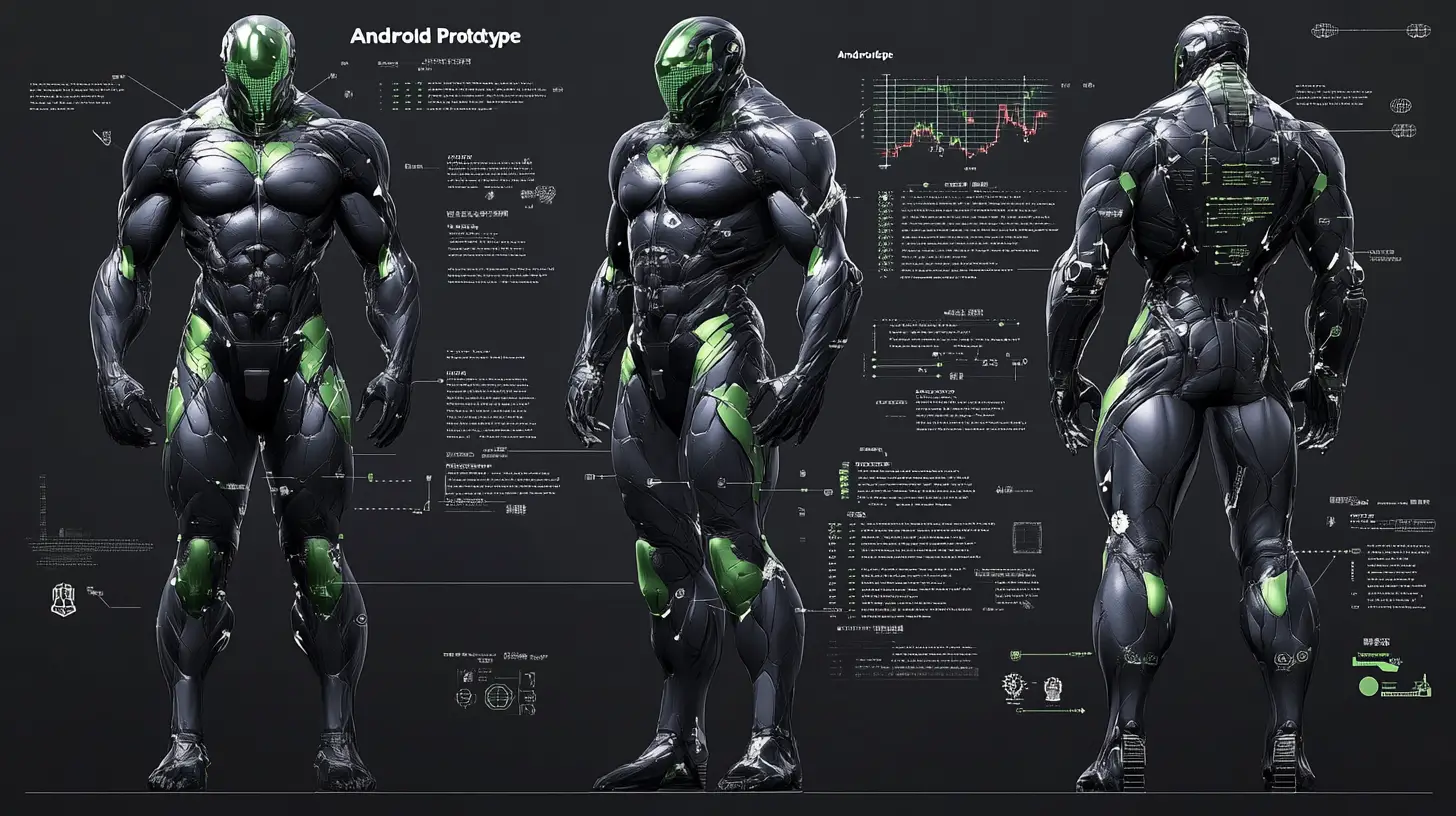 Diagramma 3D a figura intera di un enorme prototipo di cyborg da battaglia