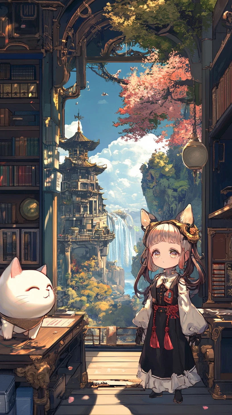 Escritório em casa aconchegante com gato e vista para o jardim pela janela