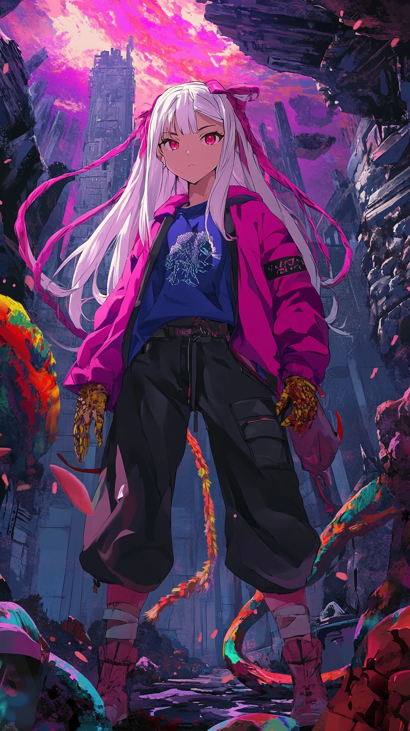 Chica de anime de cabello blanco con abrigo largo y botas