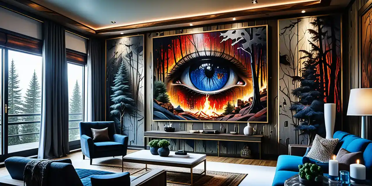 Luxurious study lined with forest fire oil paintings