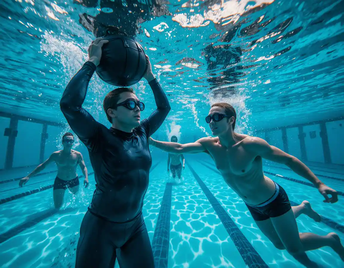 Underwater swimmers training with weight bag in pool