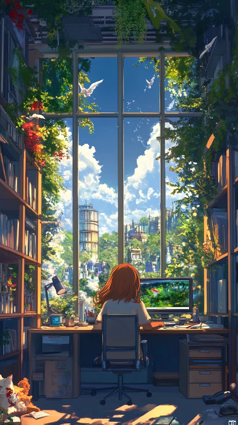 Cozy home office with sleeping cat and garden view