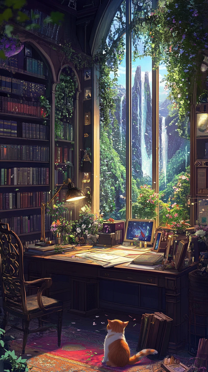 Cozy home office with desk clutter and sleeping ginger cat